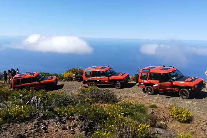 Off-road safari vehicles line a picturesque Madeira trail, overlooking the vast Atlantic and lush landscape.