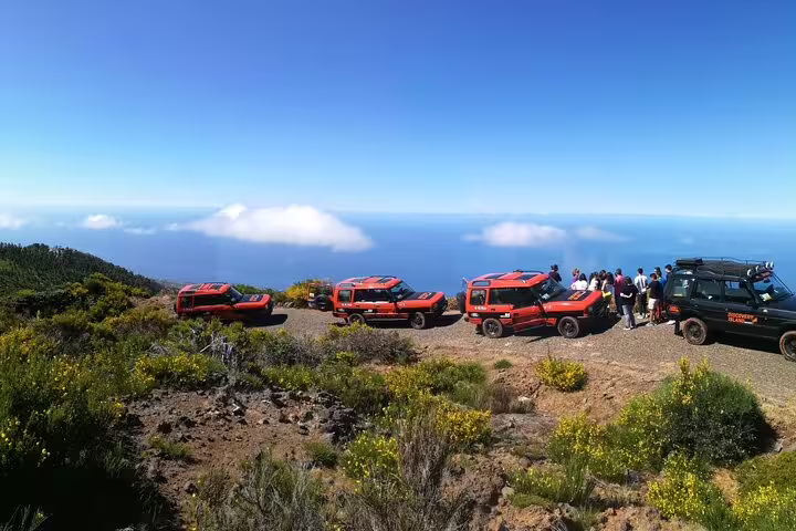 Fleet of safari vehicles on a scenic Madeira cliffside, offering breathtaking ocean views on a clear day.