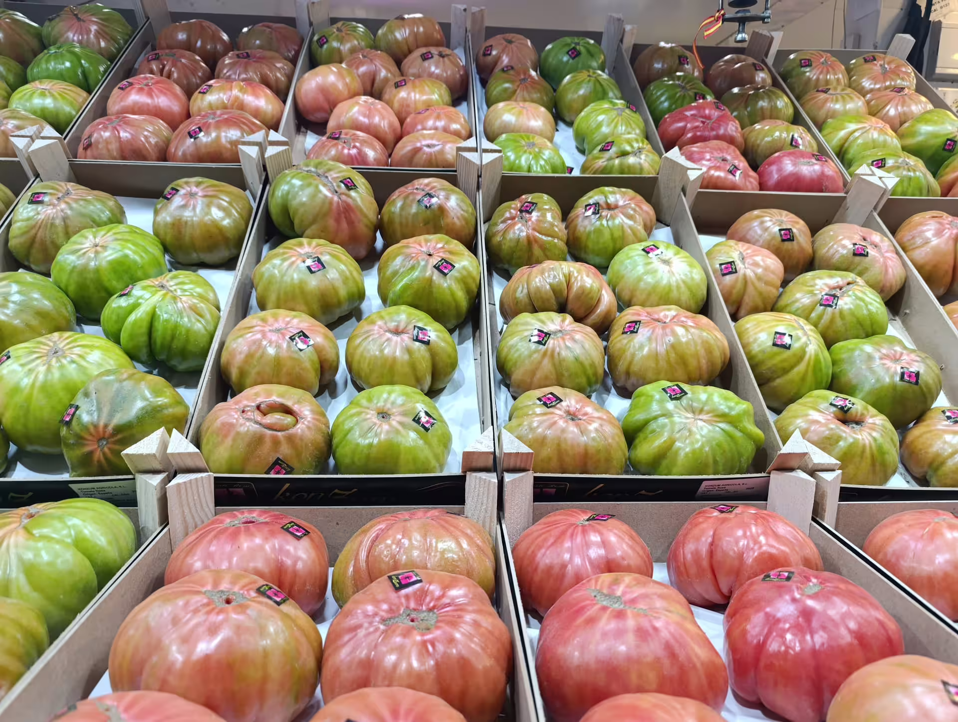 Colorful heirloom tomatoes displayed in boxes at a Madrid market, ideal for food and wine pairings.
