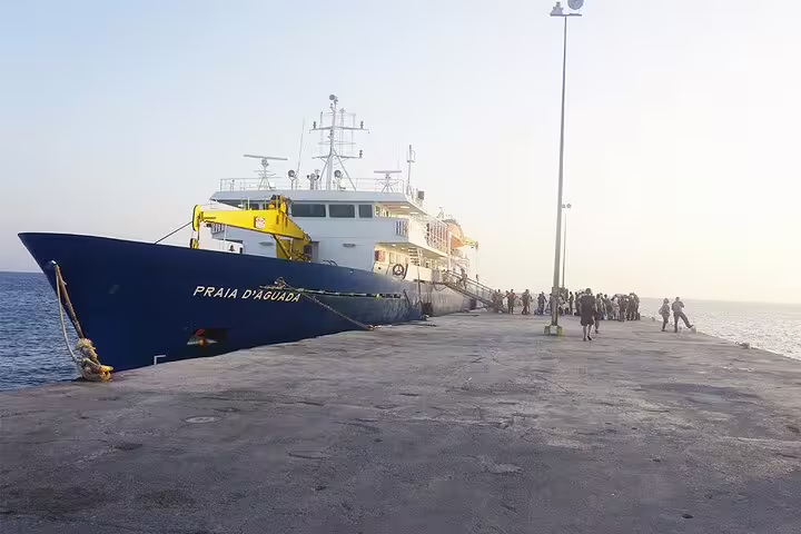 Ferry at Maio harbour pier, ideal pickup point for private transfer to Calheta with meet-and-greet service