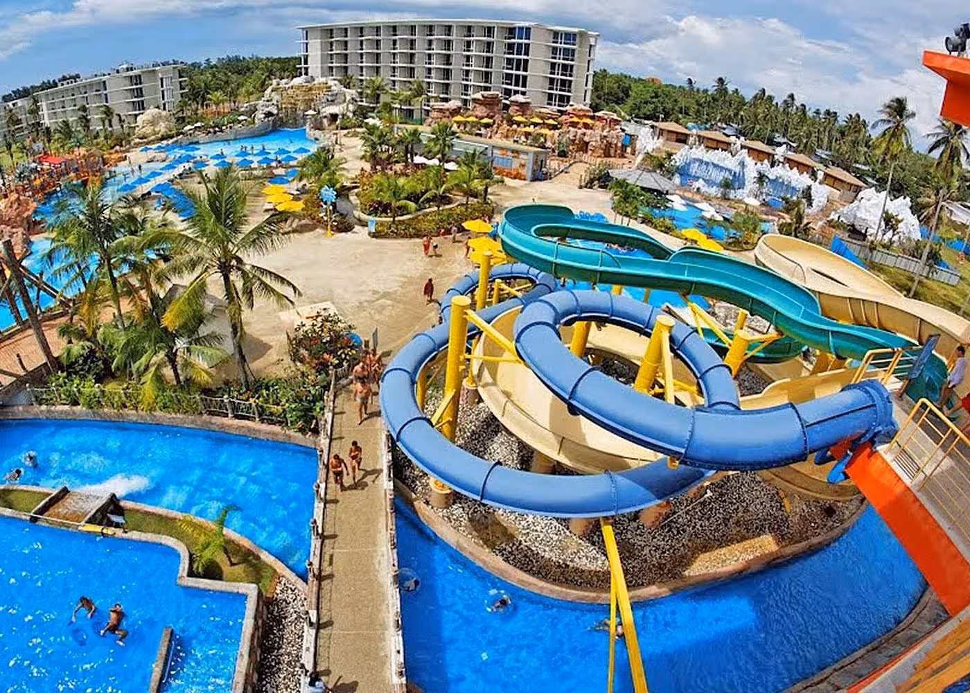 Aerial view of Makadi Water World aqua park near Hurghada with giant slides, pools, and sun loungers