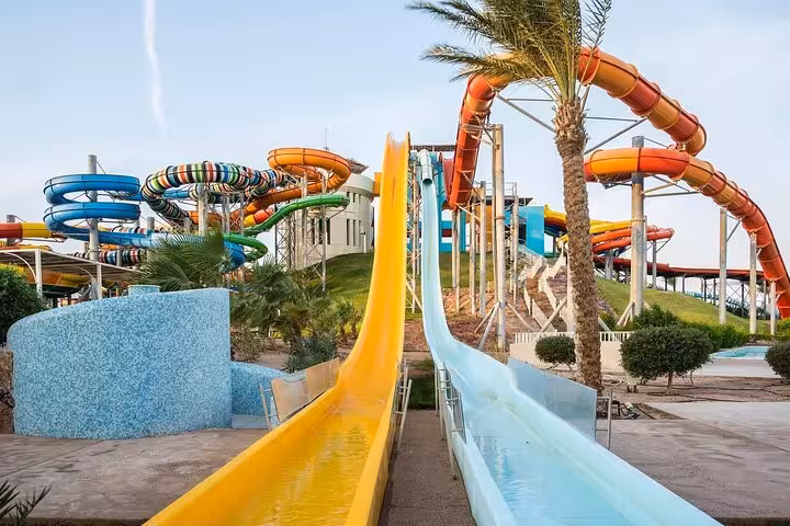Colorful water slides at Makadi Water World Aqua Park day trip from Hurghada with lunch included