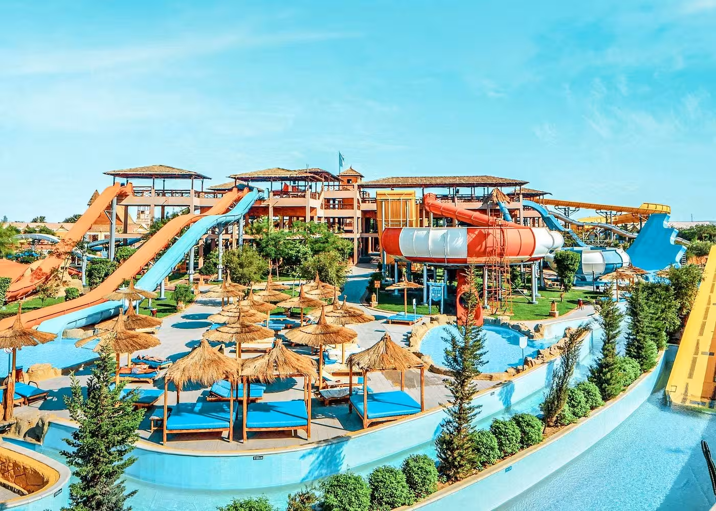 Makadi Water World Hurghada water park slides and lazy river area, ideal for family day trip with transfer