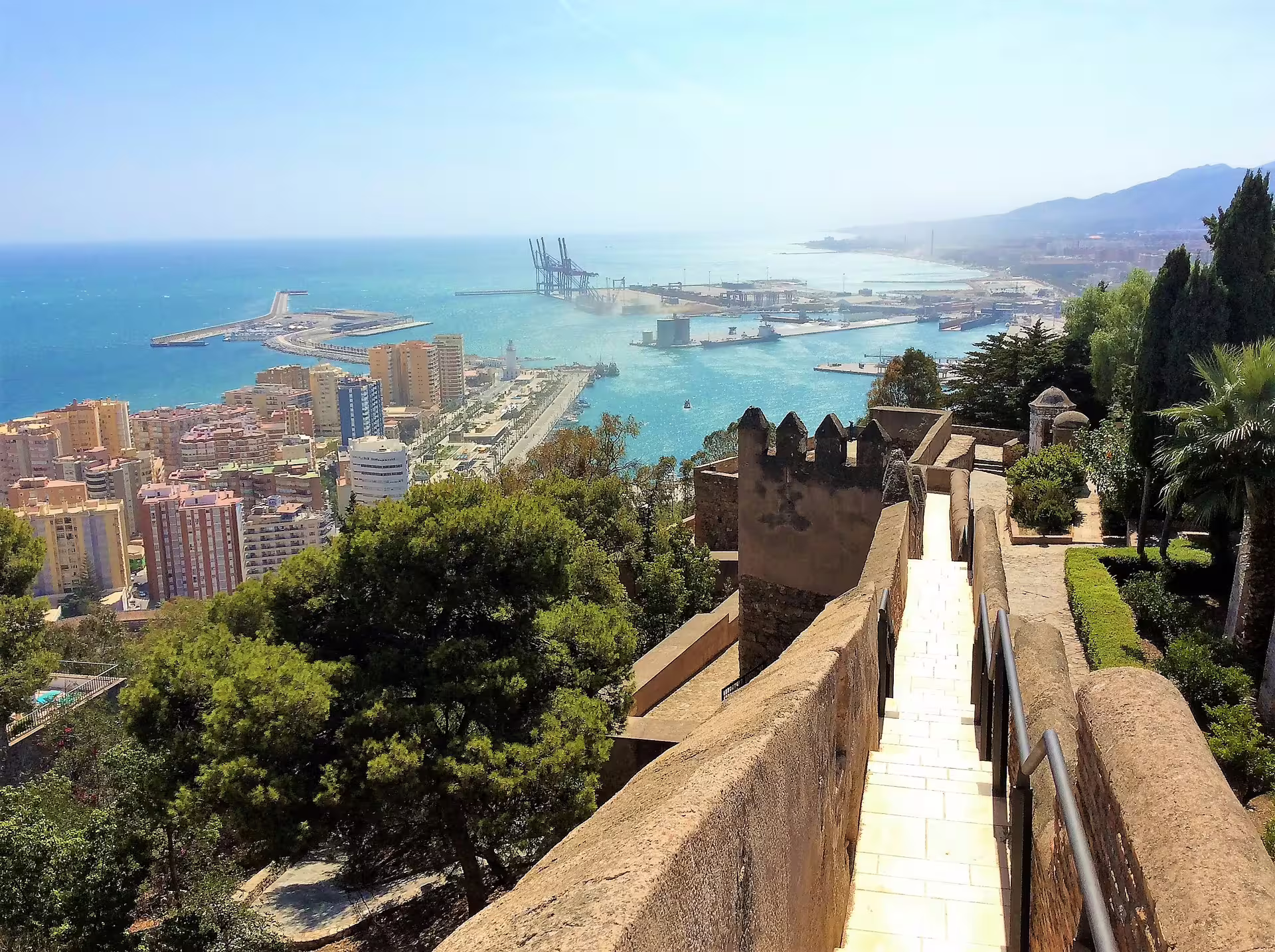 Panoramic view from Malaga Alcazaba over the port and coastline, highlight of Malaga and Mijas private day tour