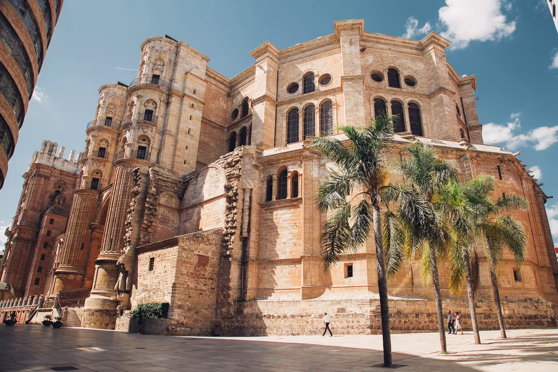 Malaga Cathedral with palm trees in Plaza del Obispo, highlight of the Free Tour Malaga historic walking tour