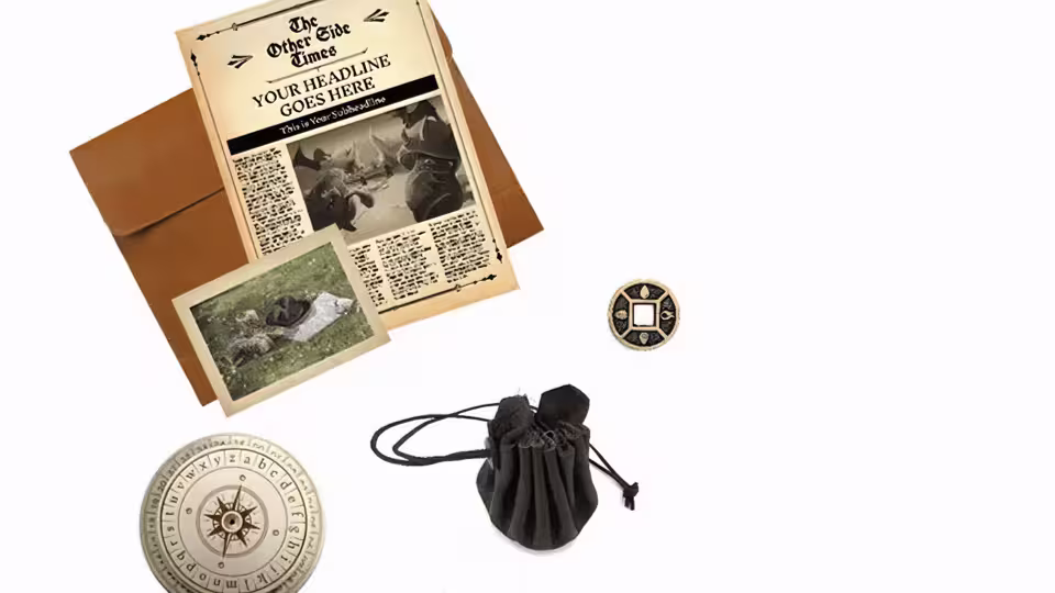 Escape game kit featuring newspaper, compass, and tokens for Malaga adventure.