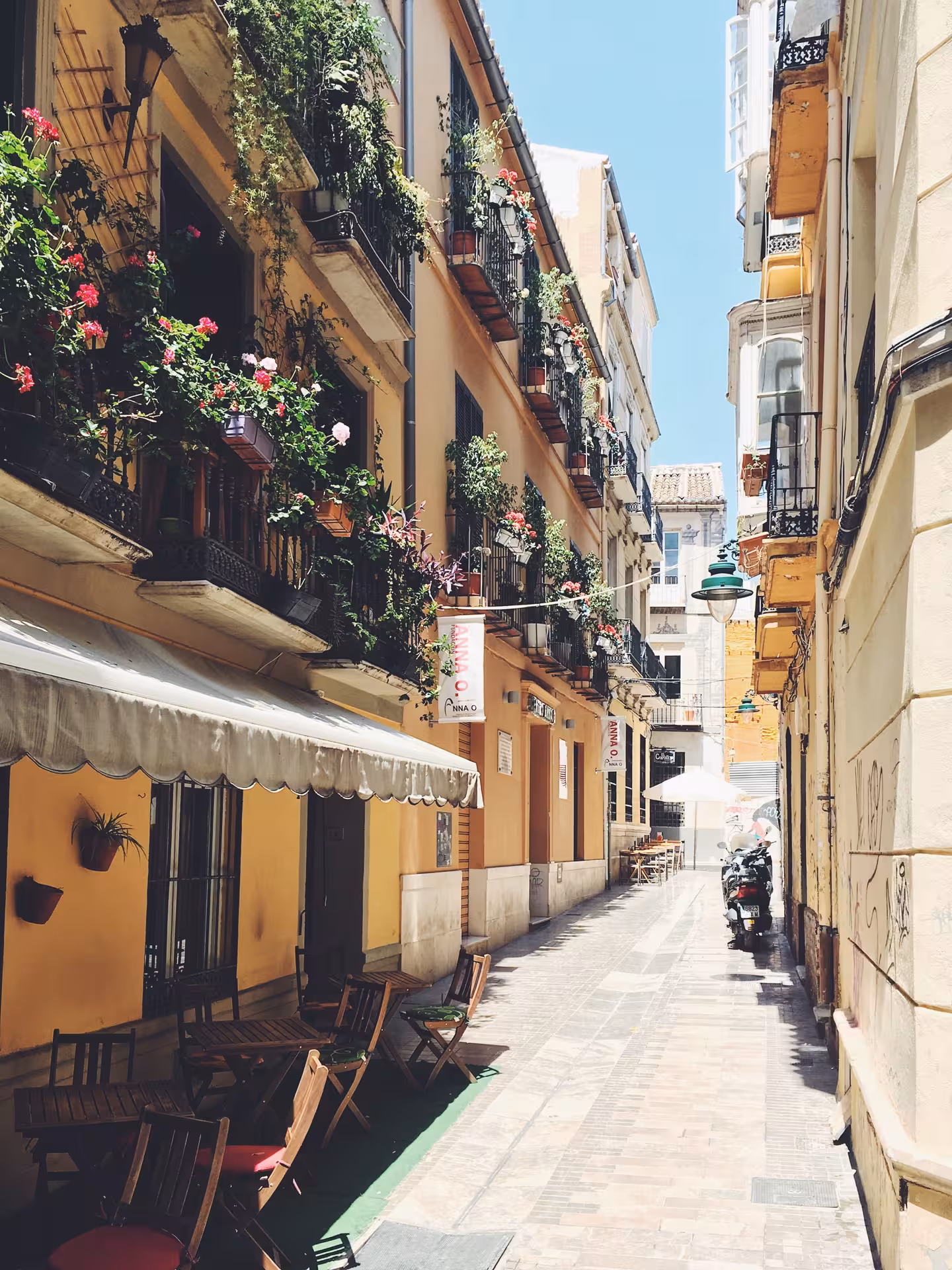 Narrow Malaga old town alley with flowered balconies and cafes, charming scene on a free walking tour Malaga