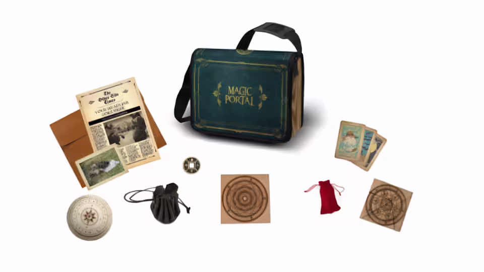 Magic Portal game kit with maps, cards, and tools for the Malaga outdoor escape adventure.