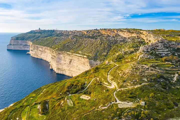 Panoramic Malta coastal cliffs near Blue Grotto, scenic viewpoint on private half-day tour route