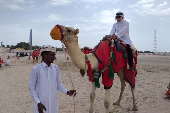 Man enjoys camel ride in the Qatar desert, part of the Gold Dune Safari tour experience.