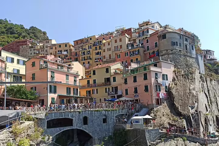 Cliffside village of Manarola with colorful houses, sea views and lively promenade on a one day private Cinque Terre tour