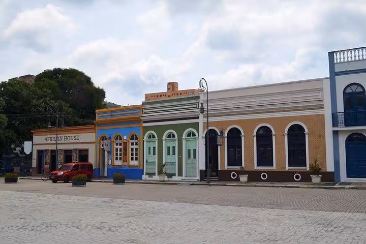 Colorful historic facades at Largo de São Sebastião in Manaus, a highlight stop on the Manaus city tour