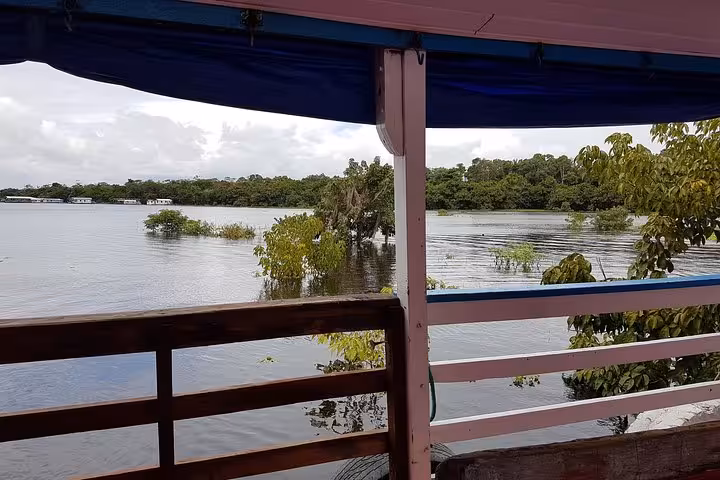 View from the riverboat deck on the Manaus to Santarém boat trip, passing flooded Amazon forest and villages