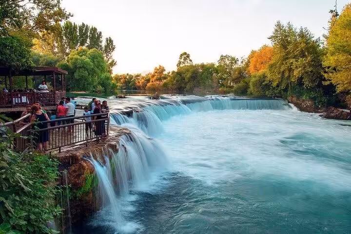 Manavgat Waterfall viewpoint on a private Perge Aspendos Side tour, turquoise cascades and riverside café