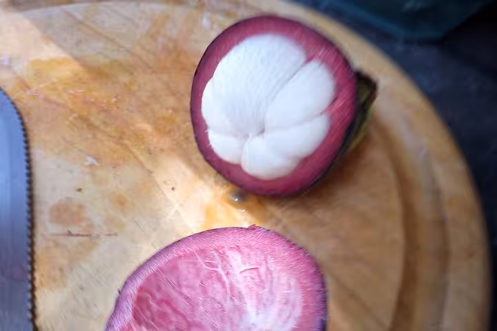 Sliced purple mangosteen showcasing its juicy white flesh during Rio Tropical Fruit Tour's market tasting.