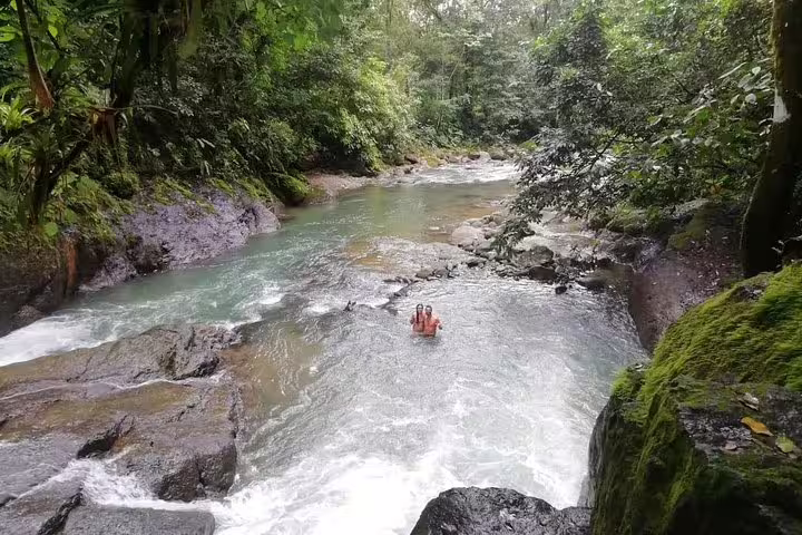 Adventurers enjoy a refreshing swim in a tranquil jungle river, surrounded by lush greenery and rocky landscapes.