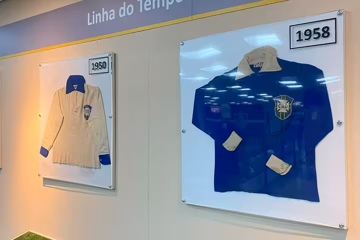 Brazil football museum display of 1950 and 1958 jerseys inside Maracanã Stadium tour, Rio de Janeiro