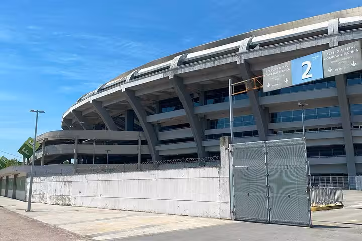 Exterior view of Maracanã Stadium entrance gate in Rio de Janeiro, meeting point for guided tour with local