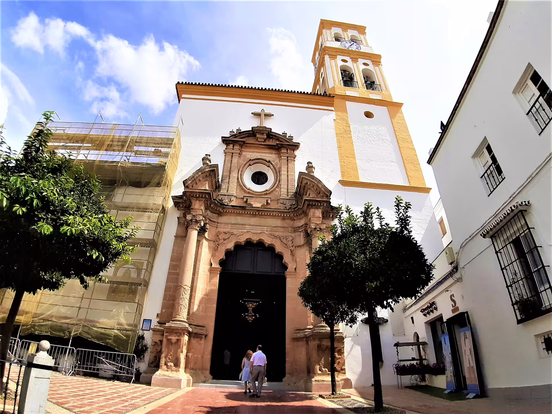 Marbella Old Town church and clock tower, highlight of Mijas Marbella Puerto Banus group tour pickup
