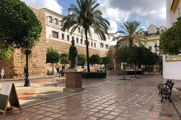Historic plaza in Marbella Old Town with palm trees, a statue, and rustic buildings under a cloudy sky.