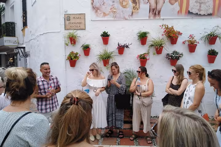 Tour group gathered at Plaza Fernando Alcalá in Marbella, learning about local tapas culture on the adventure tour.