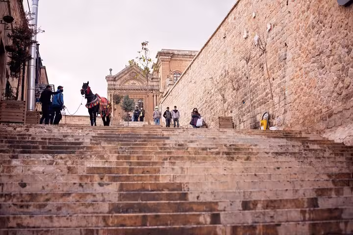 Stone stairway in old Mardin with horse carriage and historic architecture on a private guided city tour