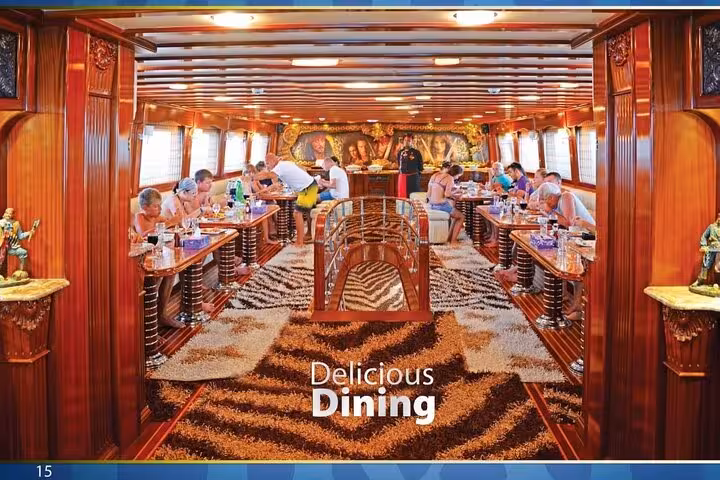 Spacious dining salon on Marsa Alam pirate sailing boat cruise to Turtle Bay with lunch onboard