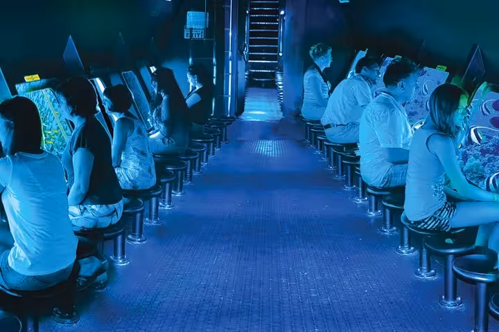Inside Royal Seascope submarine cabin in Marsa Alam, guests seated at windows watching Red Sea marine life