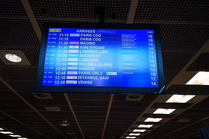 Marseille Airport arrivals board for planning private transfer to La Grande Motte, Grau du Roi or Aigues-Mortes