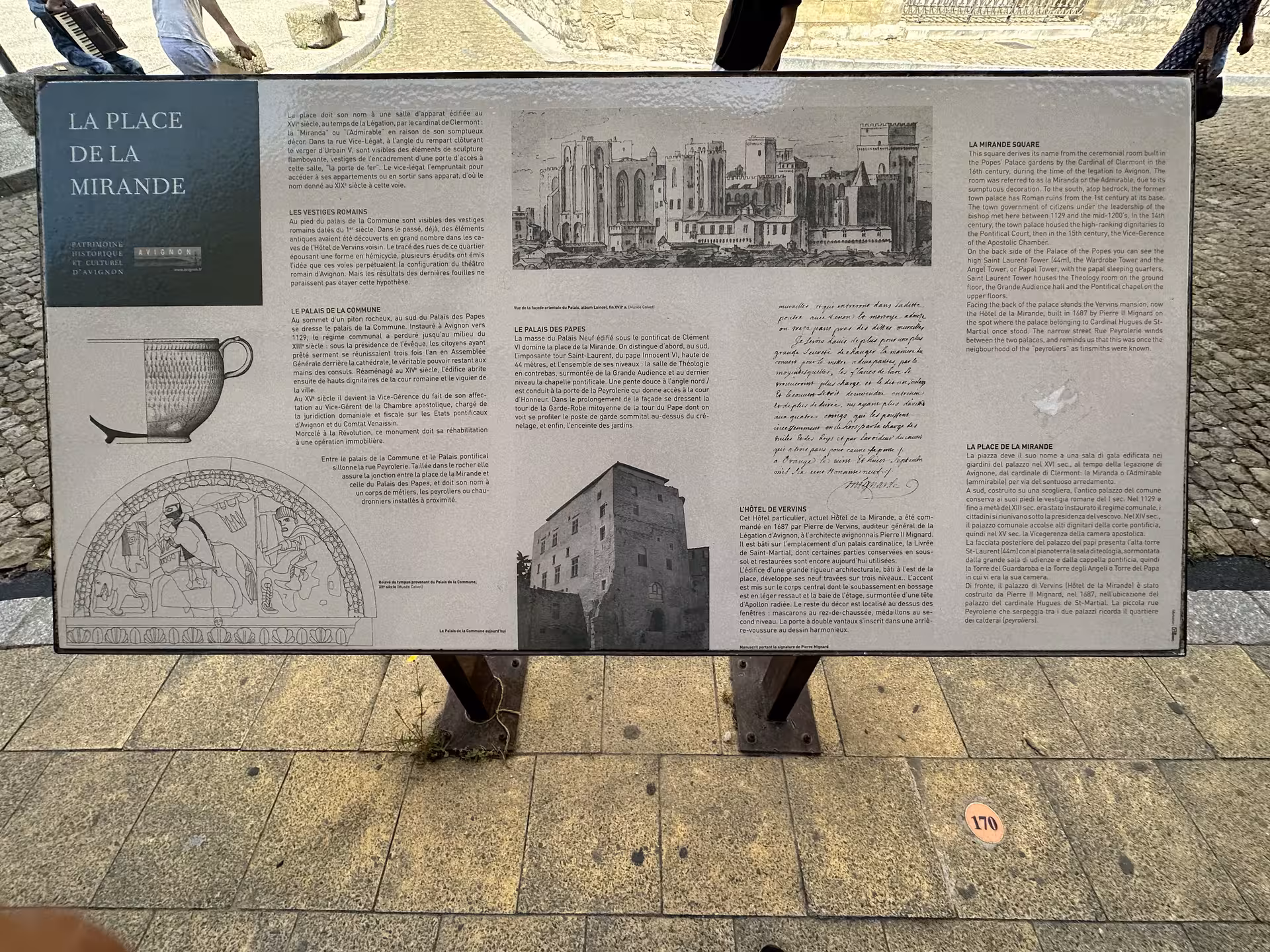 Information board at Place de la Mirande in Avignon, cultural highlight on private Marseille shore excursion