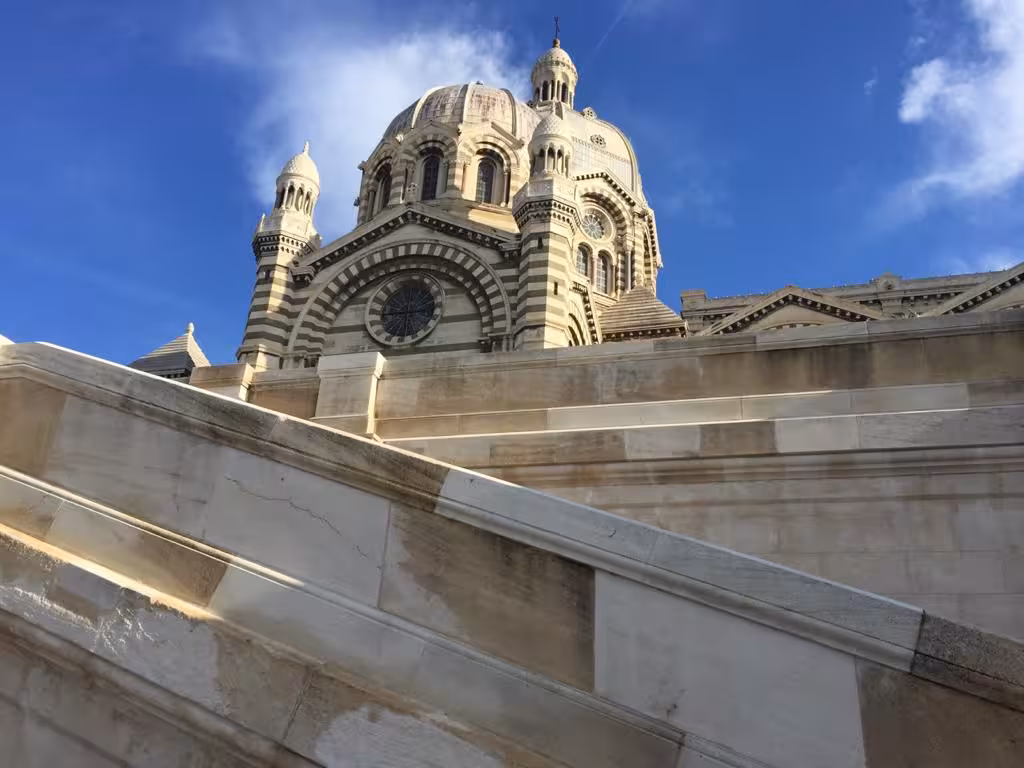 Marseille cathedral dome view, scenic stop on guided food tour walking route through Le Panier district