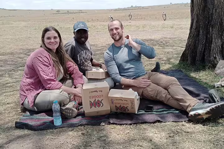 Three people enjoying a picnic under a tree in Masai Mara, part of the 4-day Lake Nakuru jeep safari tour.
