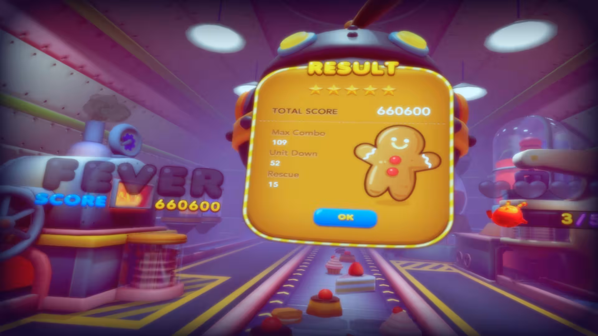 Matrix Energy (Kids) arcade game results screen with five-star score and gingerbread character in lab setting