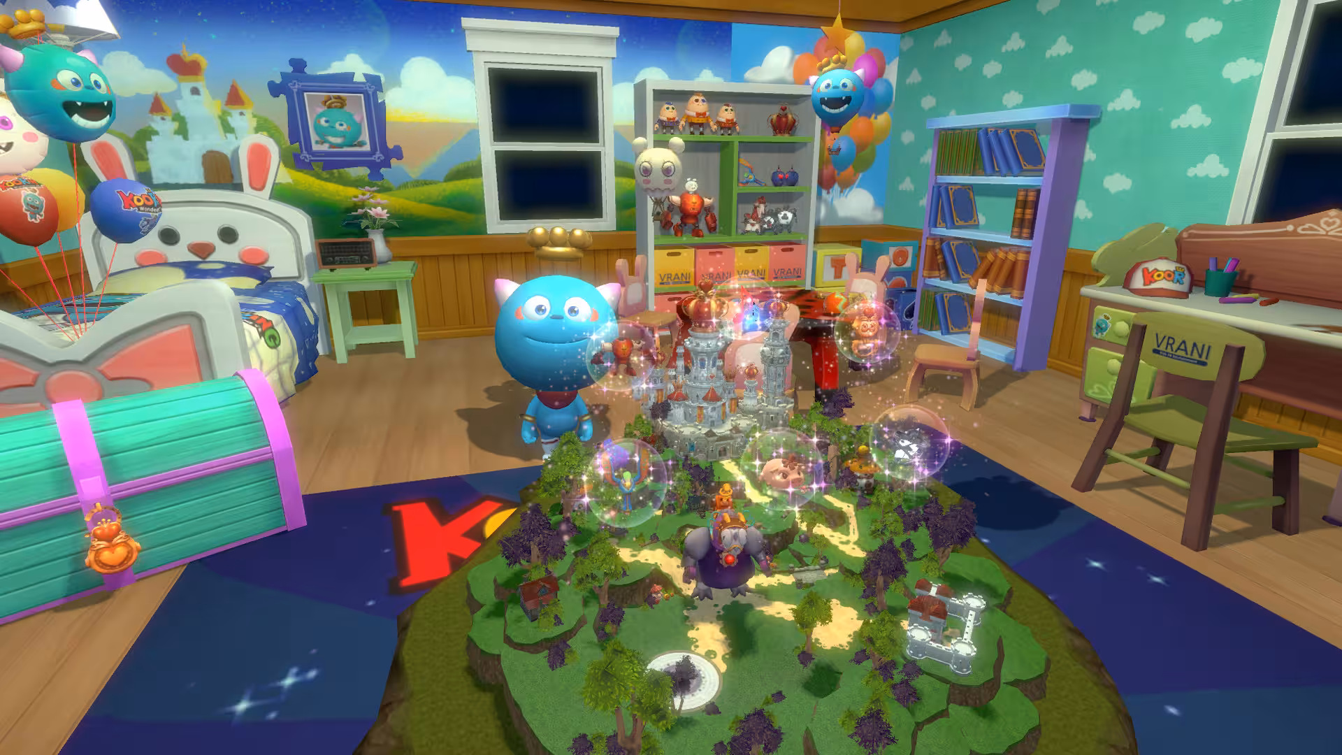 Colorful kids VR playroom scene with fantasy island diorama and characters, Matrix Energy (Kids) family VR tour