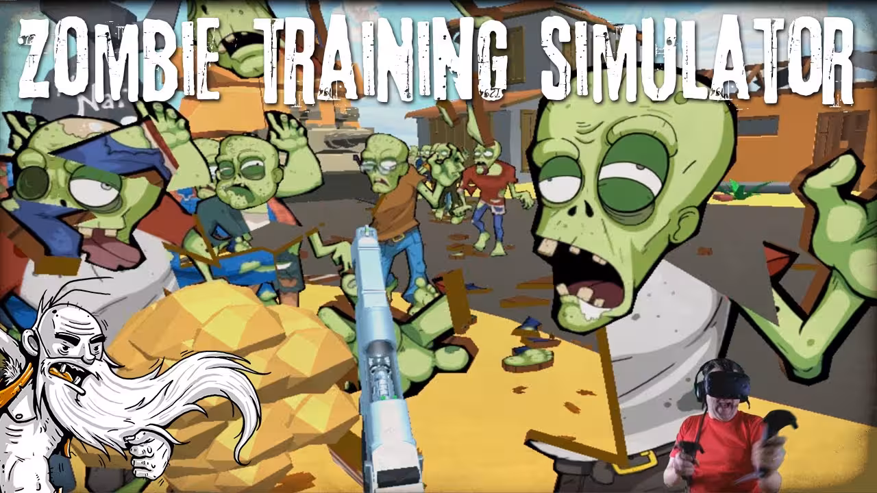 Matrix Energy (Kids) VR zombie training simulator game scene with cartoon zombies and blaster action