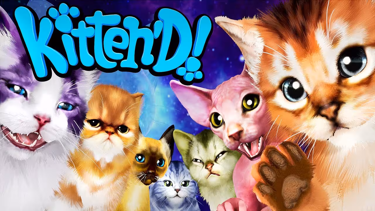 Kitten’d VR game artwork with wide-eyed kittens and playful cats, part of Matrix Fast virtual reality lineup