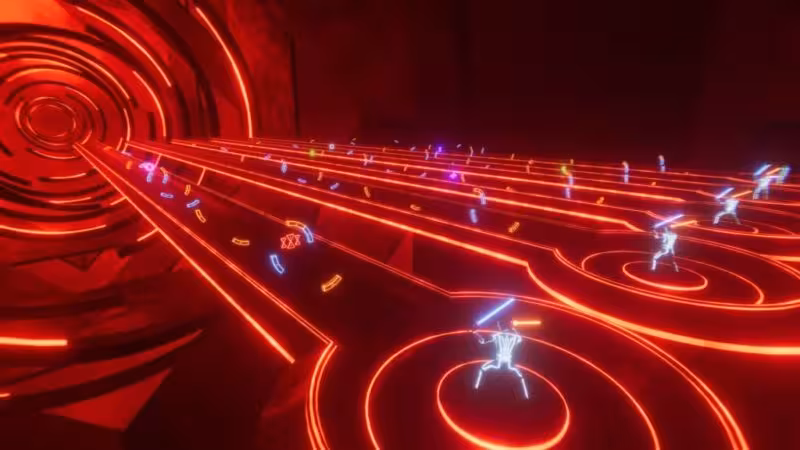Matrix Fast VR arena with red neon racing lanes and glowing avatars in a futuristic digital tunnel