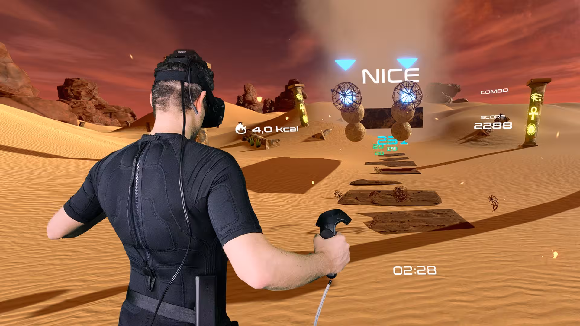 Matrix Fast VR fitness session in desert arena, player in headset and suit hits targets for fast-paced cardio