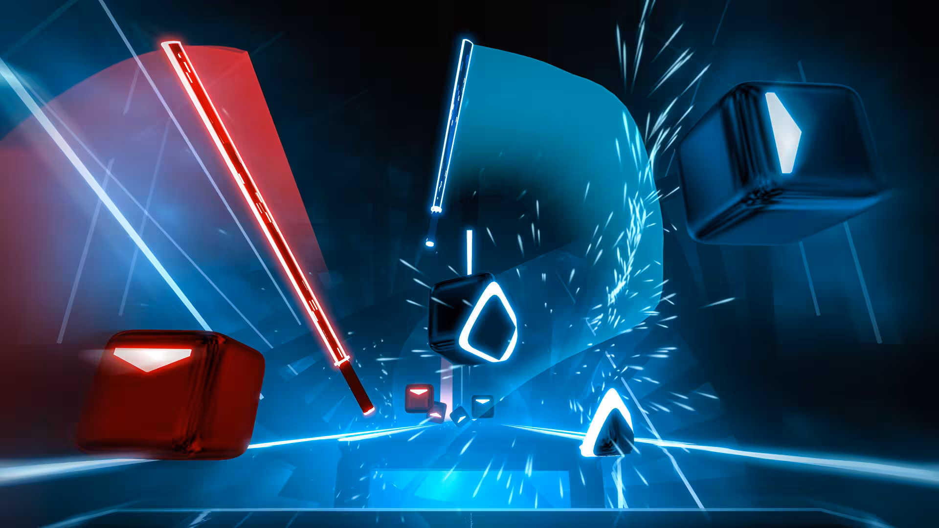 Matrix Fast rhythm VR action scene with neon blocks and light sabers, fast-paced gameplay for fitness and fun