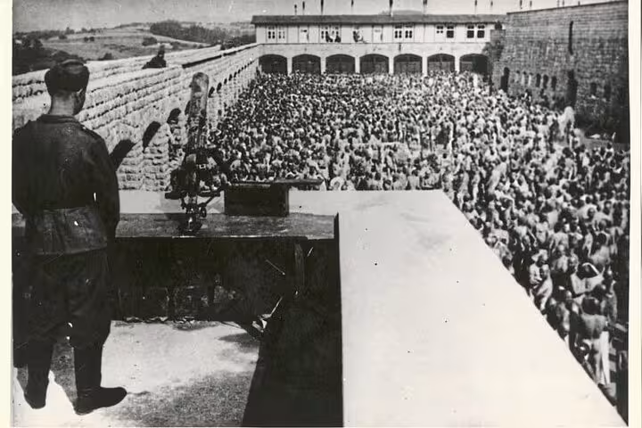 Archival view of Mauthausen concentration camp roll call yard, visited on a private Vienna day tour