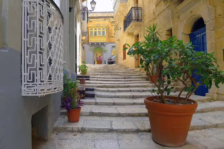 Charming stone staircase in Mdina, Malta, lined with vibrant potted plants and historic architecture, perfect for exploration.