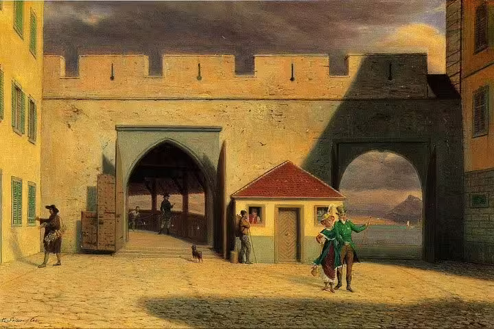 Medieval gate scene in Lucerne with costumed figures and fortified wall, setting the stage for nightwatchman tour.