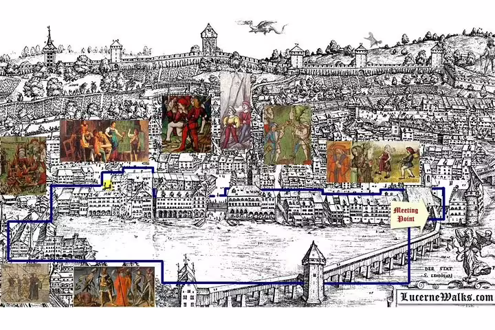 Illustrated medieval map of Lucerne with historic route and meeting point highlighted for nightwatchman tour.