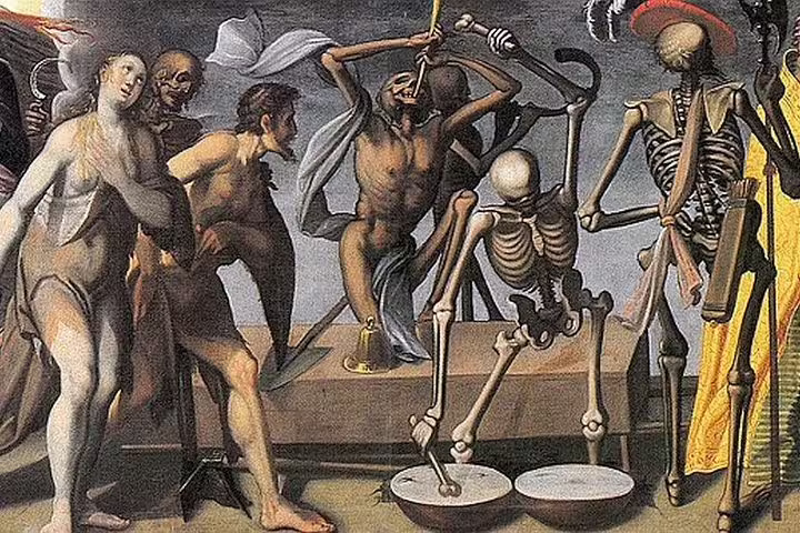 Medieval artwork depicting skeletons and figures in a dramatic scene, highlighting Lucerne's historic allure.