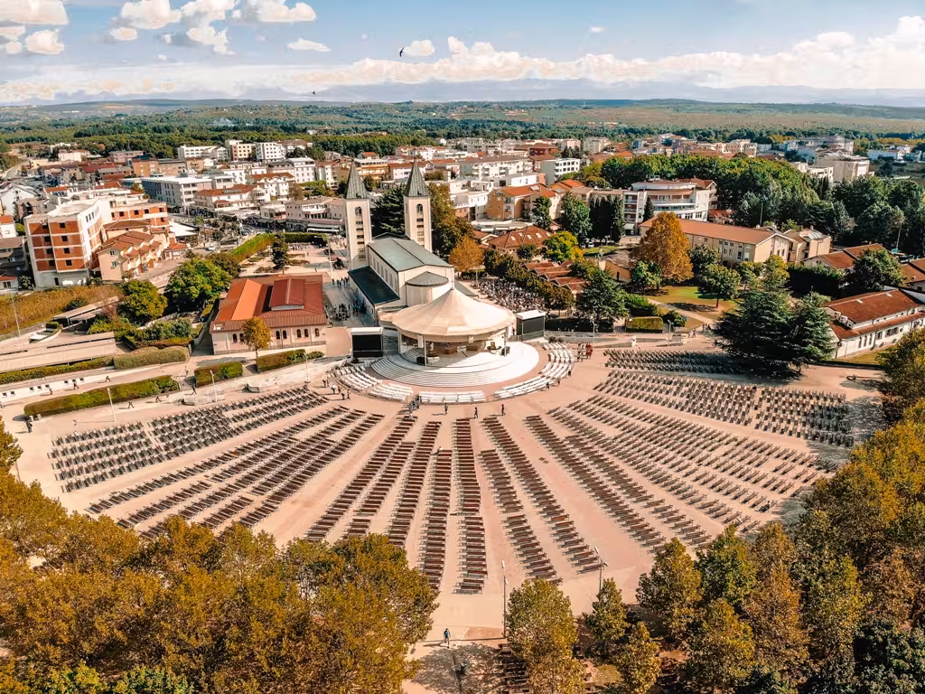 Aerial view of Medjugorje St James Church and outdoor altar, highlight of Split to Medjugorje tour