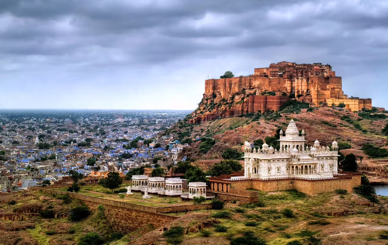 Experience the majestic Mehrangarh Fort overlooking the vibrant city of Jodhpur in Rajasthan.