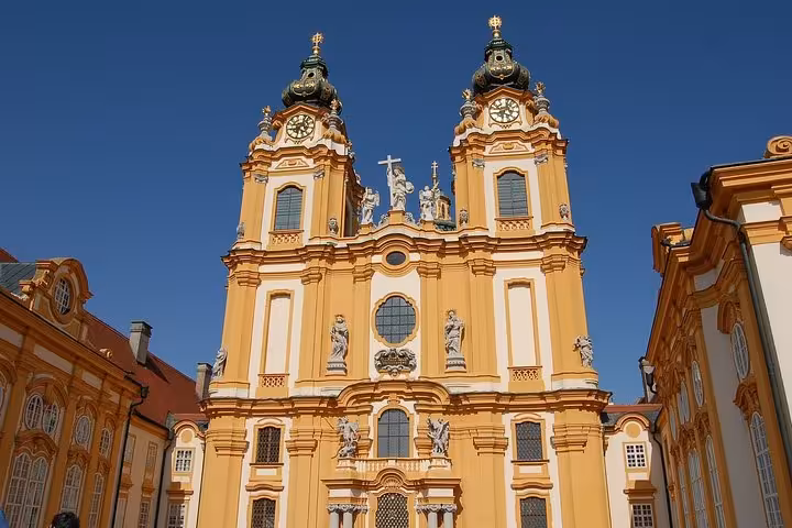 Baroque facade of Melk Abbey in Austria, scenic stop on private Vienna day trip to Salzburg and Hallstatt