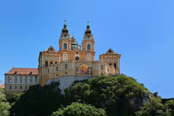Melk Abbey facade atop the Danube valley, iconic landmark on a private Wachau Valley day trip from Vienna