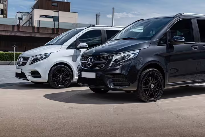 Luxurious Mercedes-Benz vans parked, providing comfortable transportation for Zurich Rhine Falls day trips.