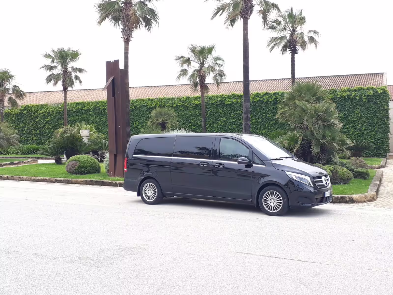 Comfortable black Mercedes minivan used for ETNA and Taormina private tour transfers from Palermo, parked by palm trees